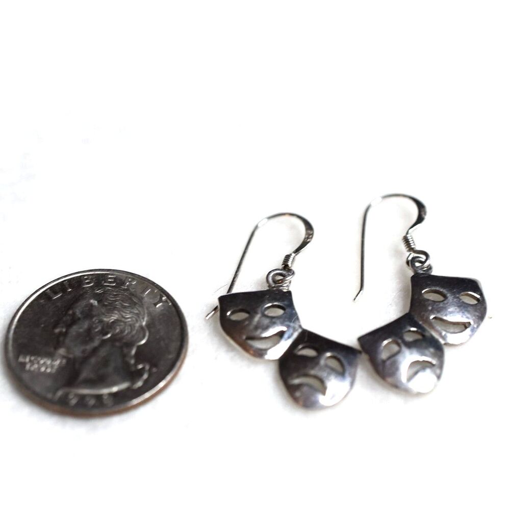 925 Silver Quirky Fun Comedy/Tragedy Double Mask Dangle Hook Statement Earrings